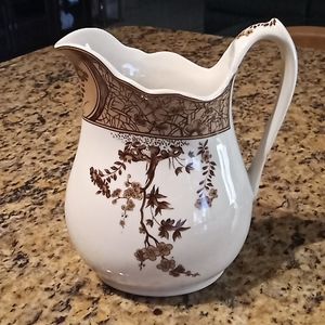 GODINGER Vintage Cream/Brown Transferware Pitcher-Floral Pattern-(8")..